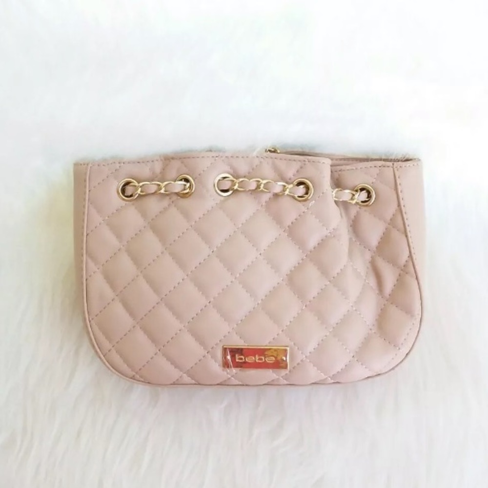 BEBE CROSSBODY HANDBAG BEIGE QUILTED CLOUD PURSE Y2K GOLD CHAIN STRAP NWT